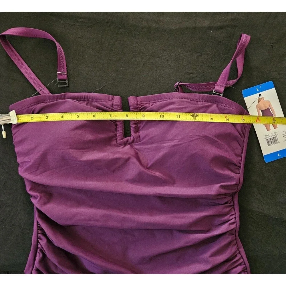 DKNY PURPLE RUCHED ONE PIECE SWIMSUIT REMOVABLE STRAP SZ L NWT - Picture 2 of 10